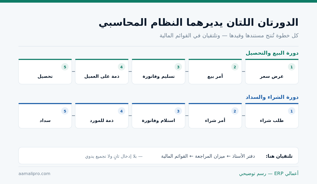 الدورتان في النظام المحاسبي: دورة البيع والتحصيل من عرض السعر إلى التحصيل، ودورة الشراء والسداد من طلب الشراء إلى السداد، وتلتقيان في دفتر الأستاذ والقوائم المالية