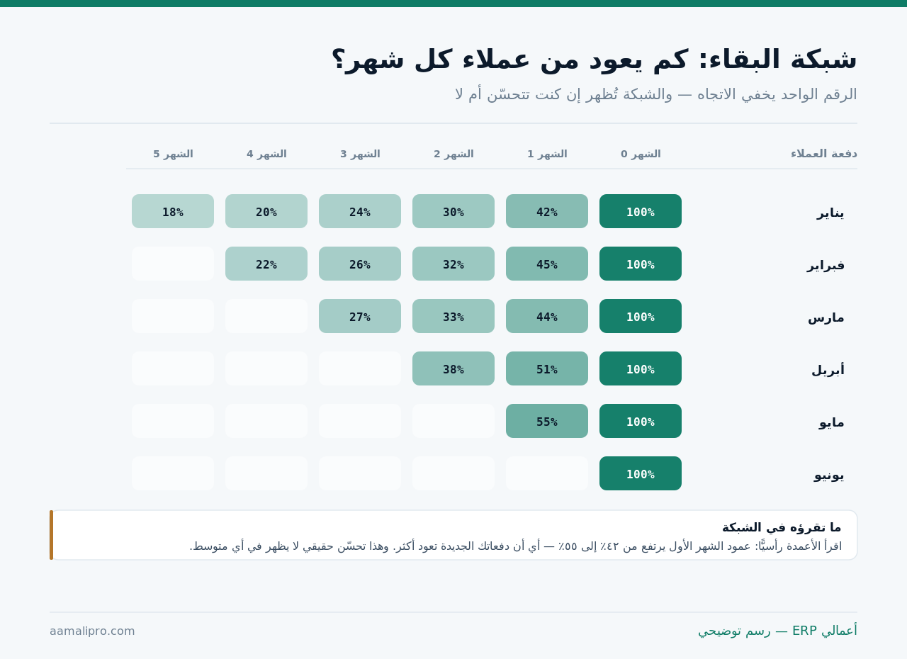 شبكة بقاء العملاء بالدفعات الشهرية تُظهر نسبة العائدين في كل شهر بعد أول شراء