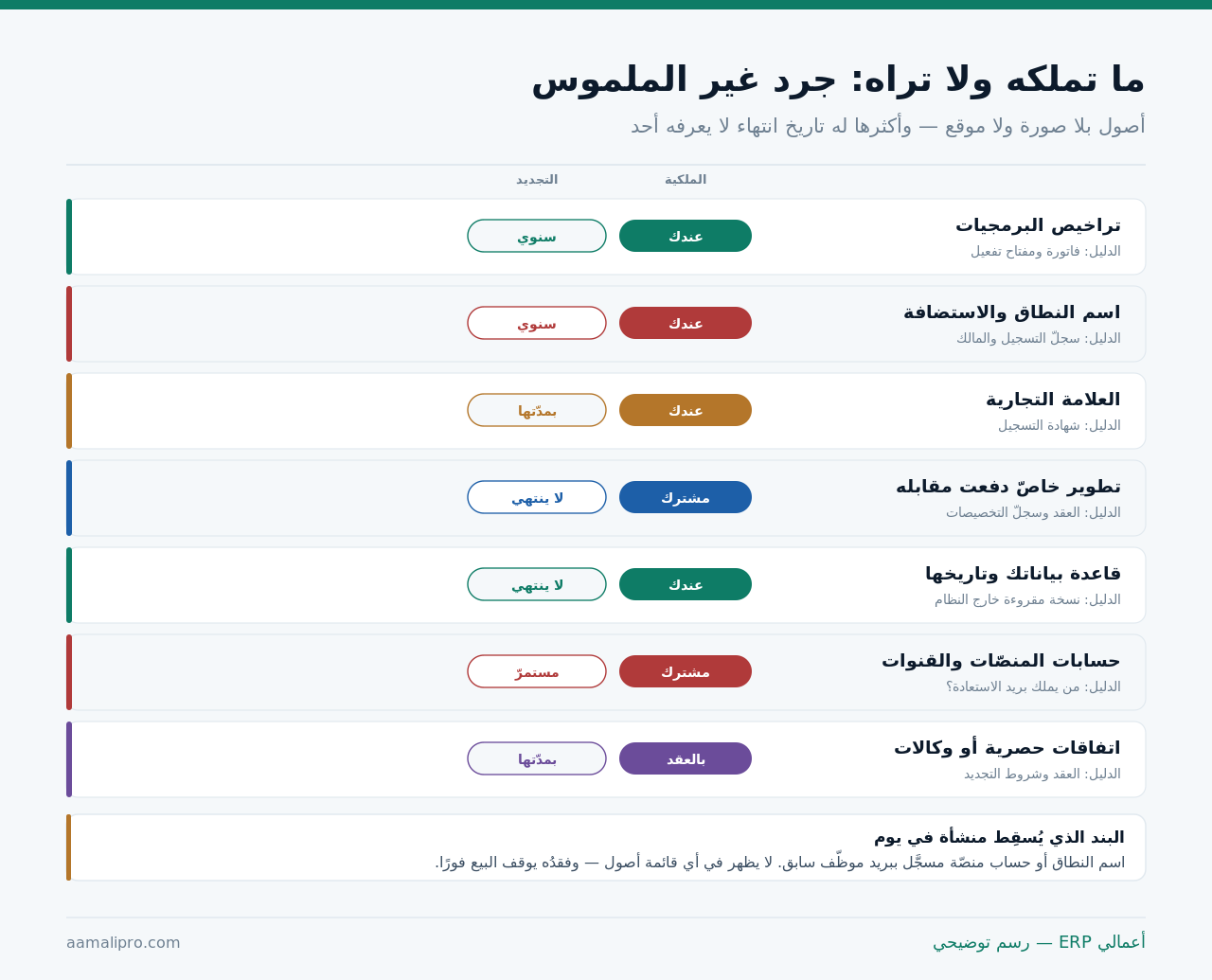 جرد للأصول غير الملموسة يُظهر ملكية كل نوع ودورة تجديده والدليل الذي يُثبِته