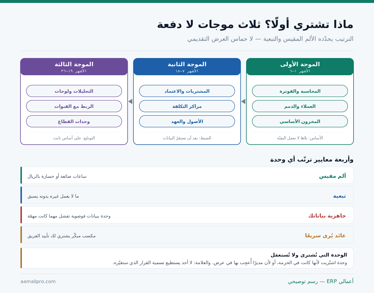 ثلاث موجات لشراء وحدات النظام على ثلاث سنوات، وأربعة معايير ترتّب أي وحدة: الألم المقيس والتبعية وجاهزية البيانات والعائد السريع